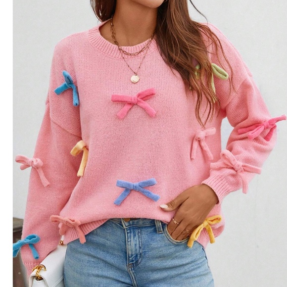 Cozy Pink Bows Oversized Loose Fit Sweater Top - Picture 1 of 5